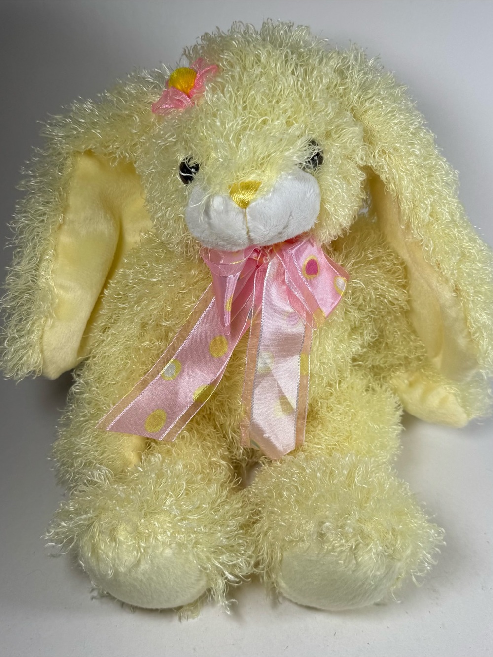 Walmart Easter Plush Yellow Bunny Floppy Ears Pink Bow Flower Shaggy 10"